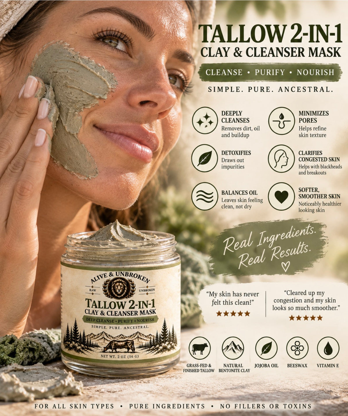 2 in 1 Tallow Cleanser + Clay Mask