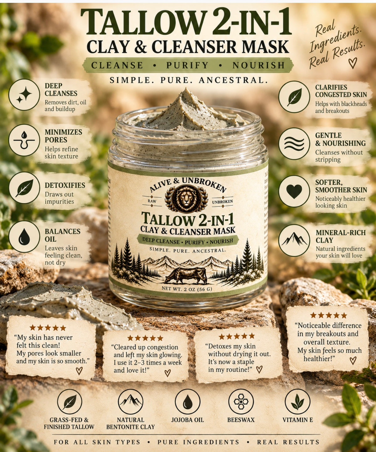 2 in 1 Tallow Cleanser + Clay Mask